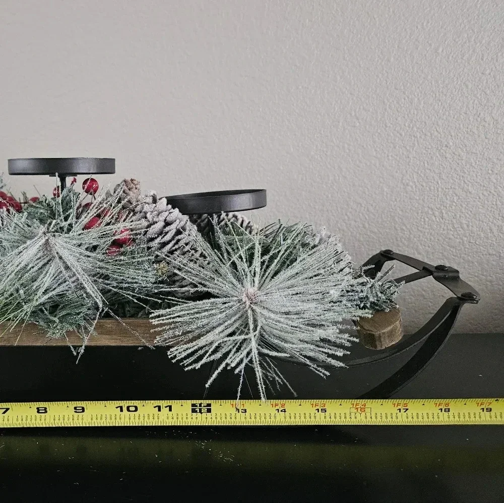 Christmas sleigh‎ frosted pine and red berries candle holder